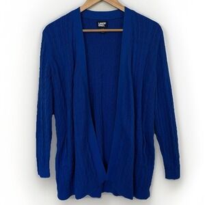 Lands' End Women's Cable Knit Cardigan 100% Cotton Blue Pockets Petite MP